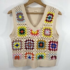 Ghanda Old Time Vest Classic Granny Square Crochet V-neck Cream Boho Sweater S
